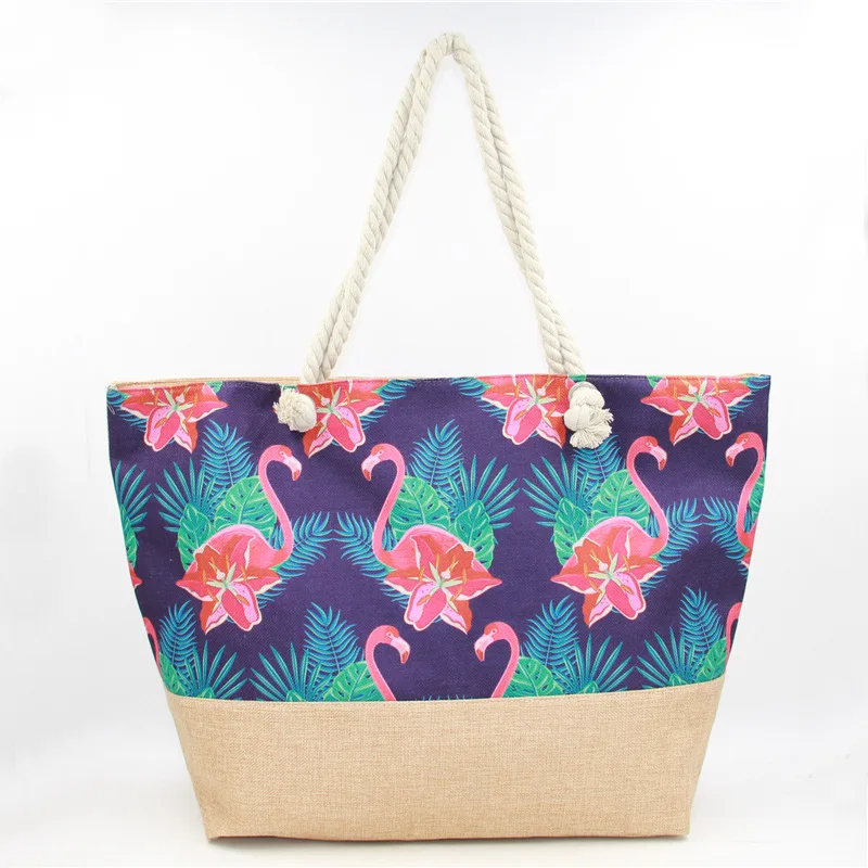 Women Rope Handle Canvas Beach Bag Flamingo