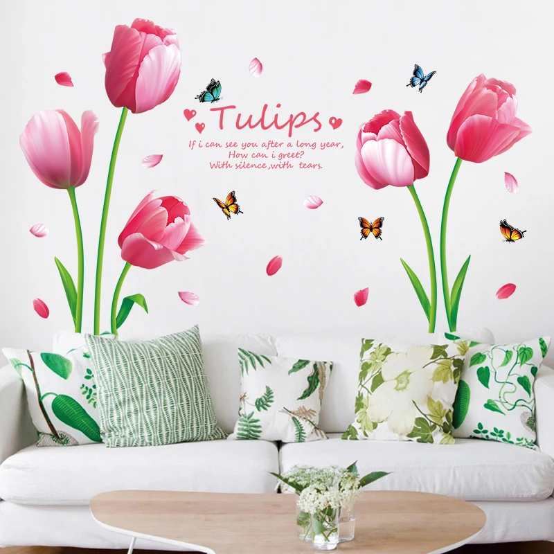 YIYAO Pink Tulips Flowers Paper Home Decal Removable Butterflies Wall sticker
