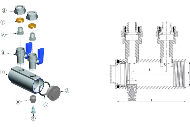  DN25 латунный водяной коллектор для системы отопления пола-2 клапана