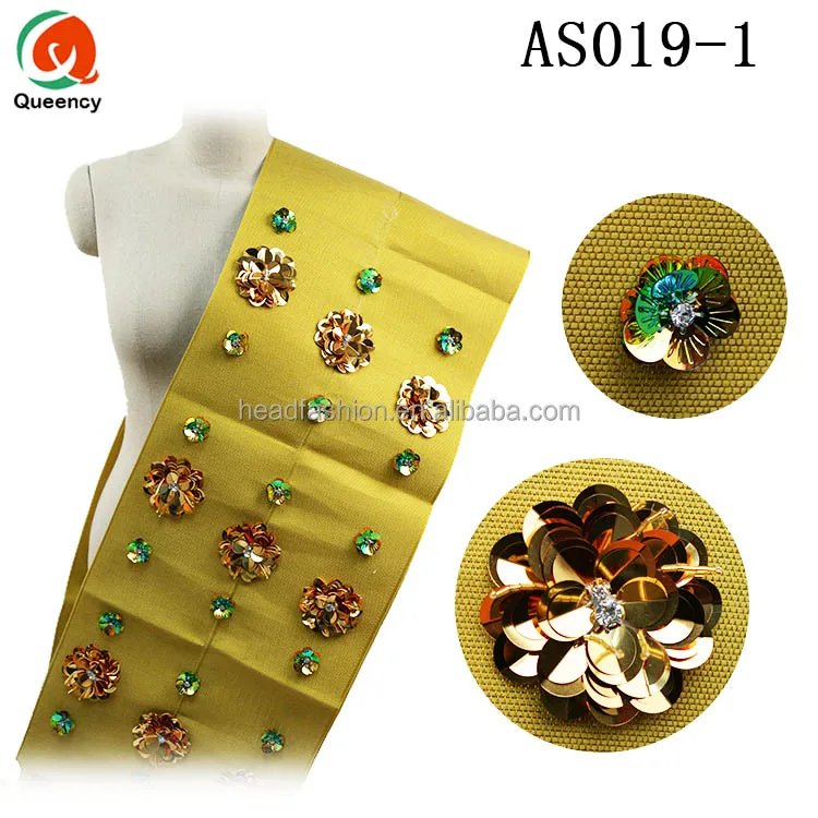 Queency Heavy Handmade Sequins Flower African Aso Oke Gele Fabric Gele Headtie
