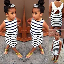 2016 Summer Girls Party Striped Bowknot Ball Gown Baby Kids Fancy Dress 2-7Y