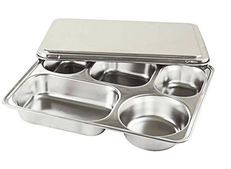 Wholesale Stainless Steel Divided Dinner Plate Sets 5 Compartments Plate With Lid