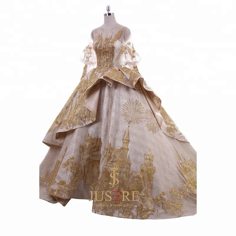 Charming Luxury Middle East Muslim Gold Ball Gown Castle Wedding Dresses Bridal Gown With Long Train in Turkey Dubai