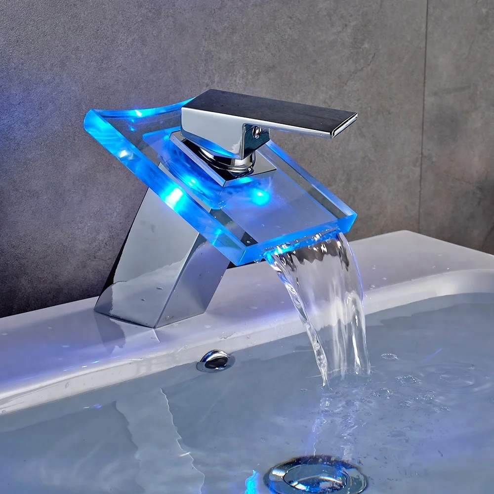 ROVATE Luxury Design Bathroom LED Basin Faucet Deck Mounted Single Handle Waterfall Spout Hot and Cold Taps