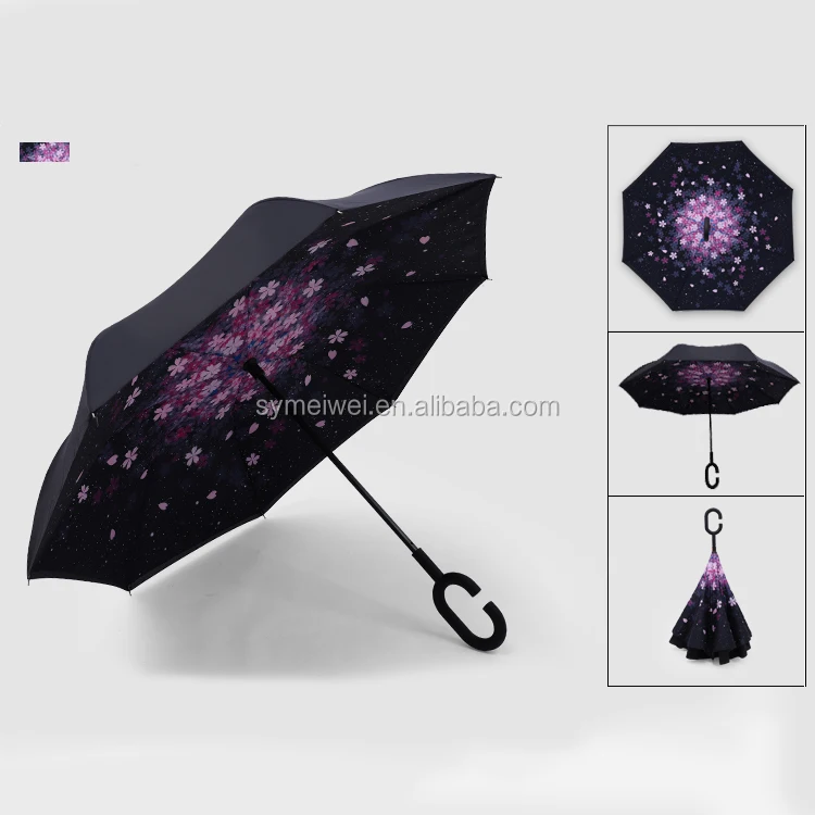 reverse umbrella with logo custom printing flower inside inverted C curve handle business ads promotion for the rain umbrellas