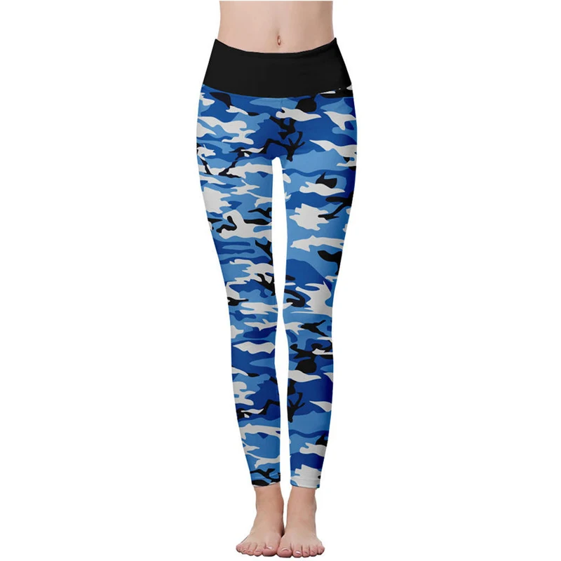 Ladies Printed Legging with Blue Camo Design Women Fitness Tummy Contral Pencil Pants Camouflage Base-Layer Tights