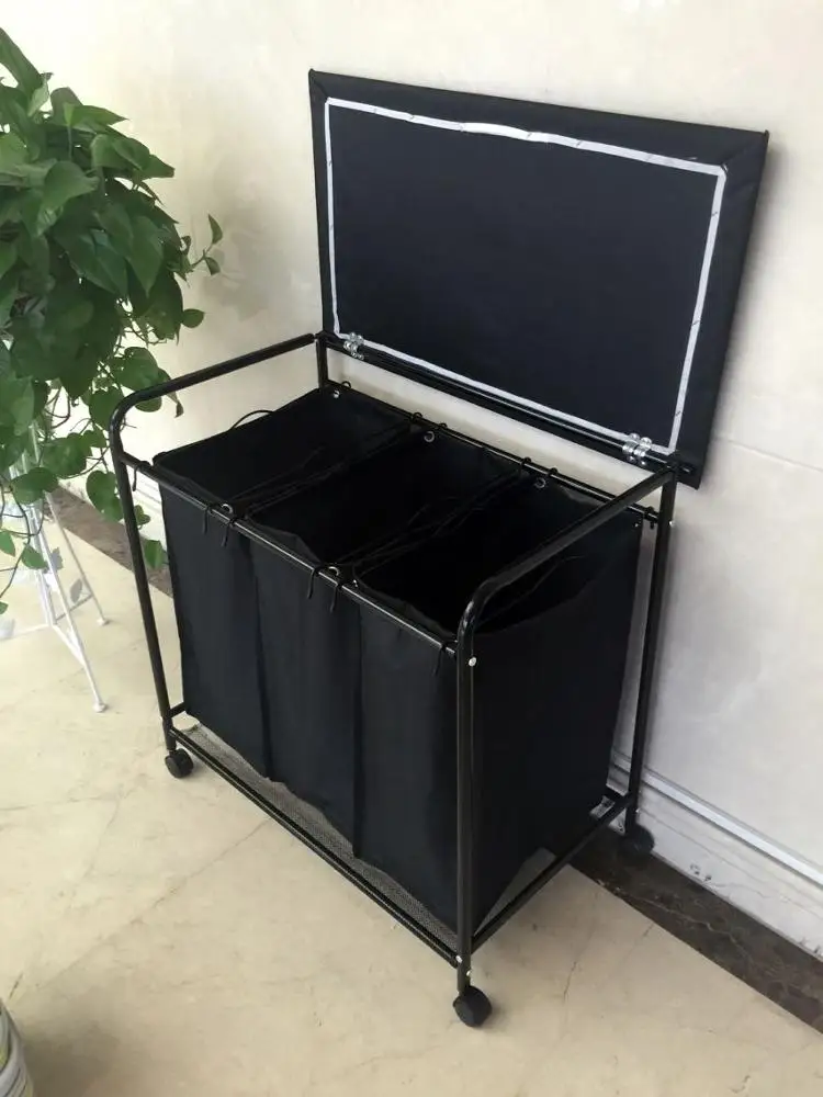 2019 high quality 3 compartment wheeled laundry hamper sorter with lids