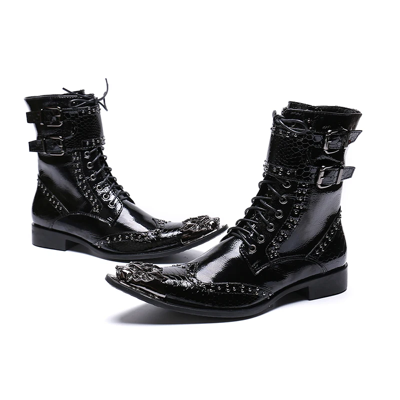 NA146 New Punk Style Genuine Leather Men Ankle Boots Iron Pointed Toe Lace Up Mens Male Cowboy Boots High Top Buckles Botas