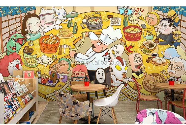 3D Cartoon character Cartoon food street snack bar noodle restaurant wallpaper mural