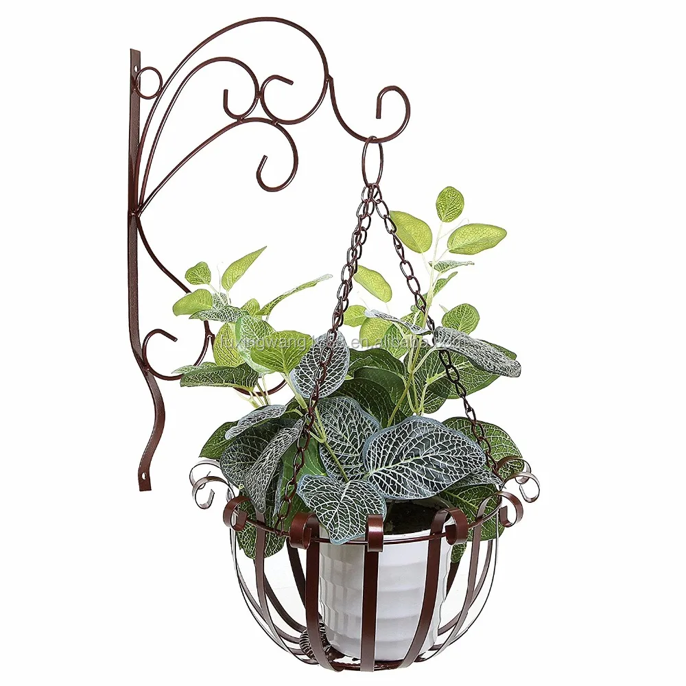 Indoor Outdoor Garden Metal Flower Planter Hanging Basket w/ Wall Mounted Scrollwork Design Hooks