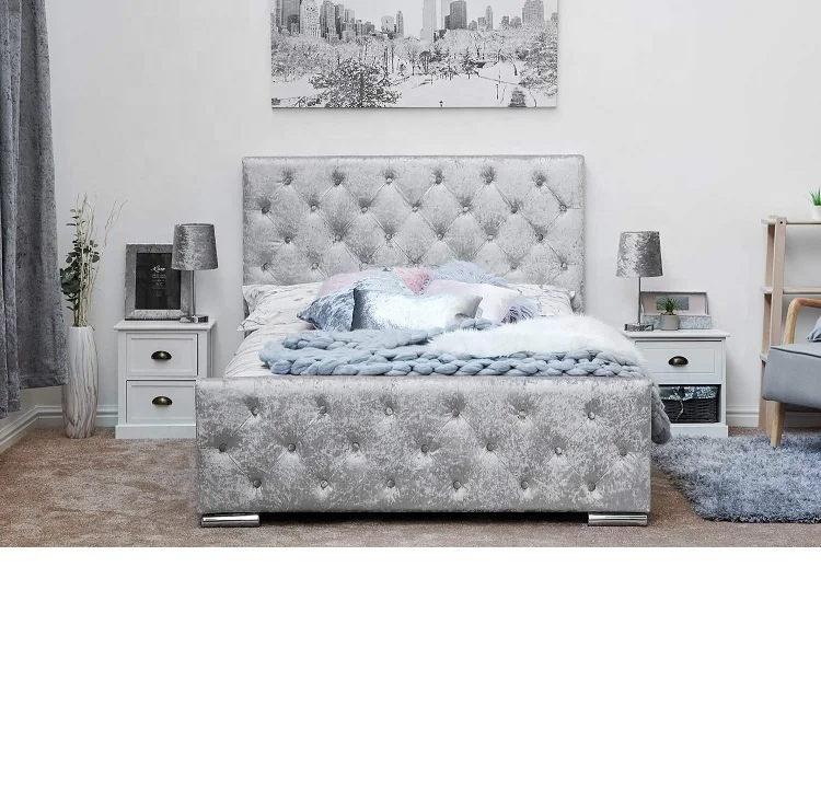 Diamond Upholstered Fabric Bed Frame Velvet Chenille Double Mink, Silver and Charcoal (Silver)