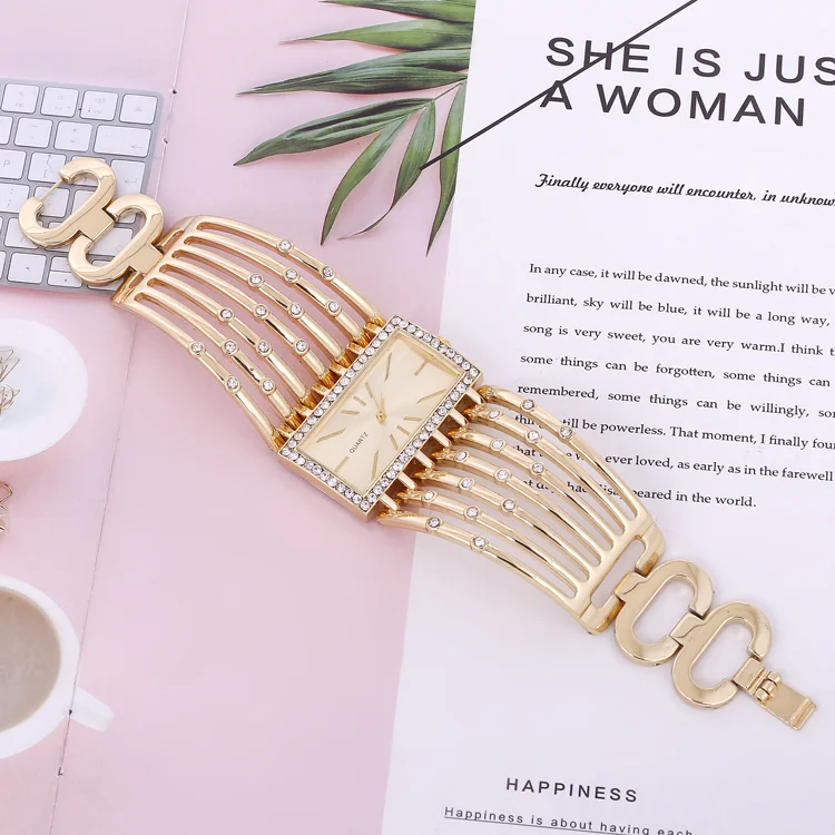 Popular Diamond-inlaid Rectangular Watch Steel Rose Gold S Bangle Fashion Analog Leather Black Bracelet Watches Women Wholesale