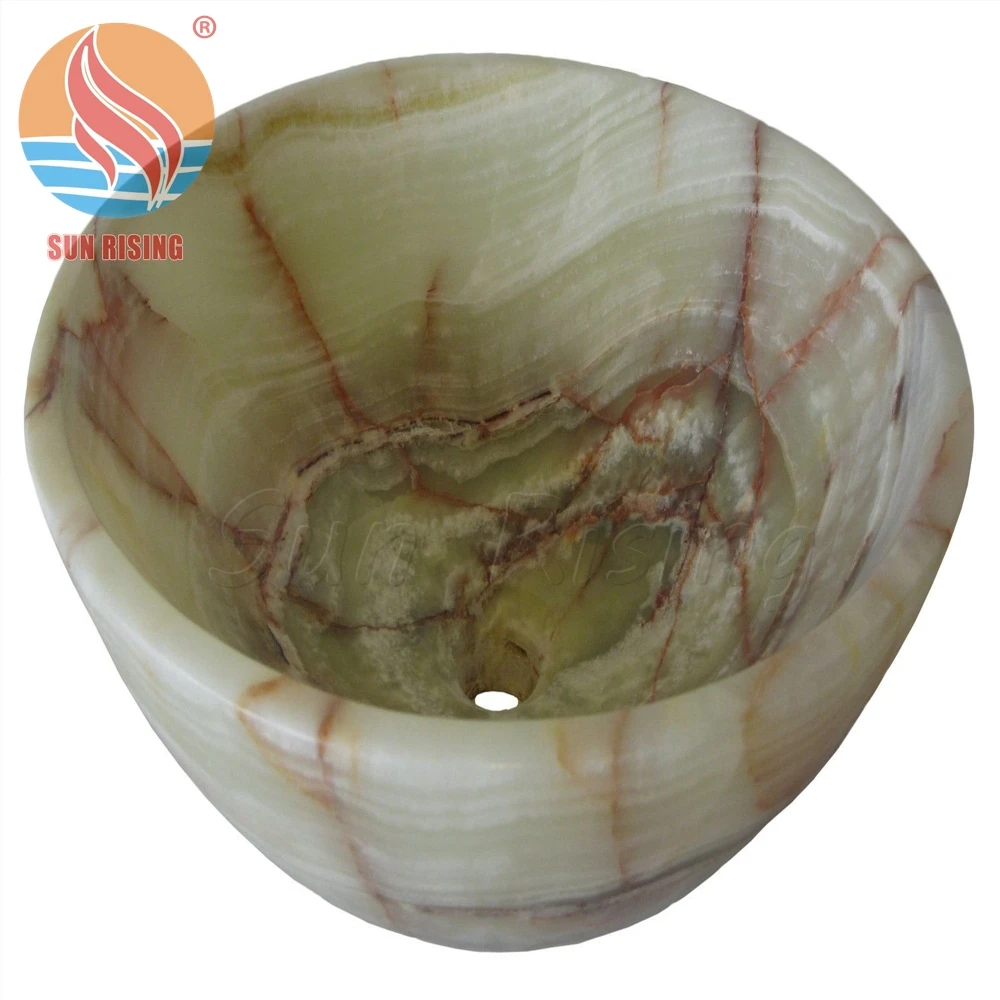 Highly Polished Natural Stone Marble Green Onyx Bathroom Vessel Sinks Round Stone Basin