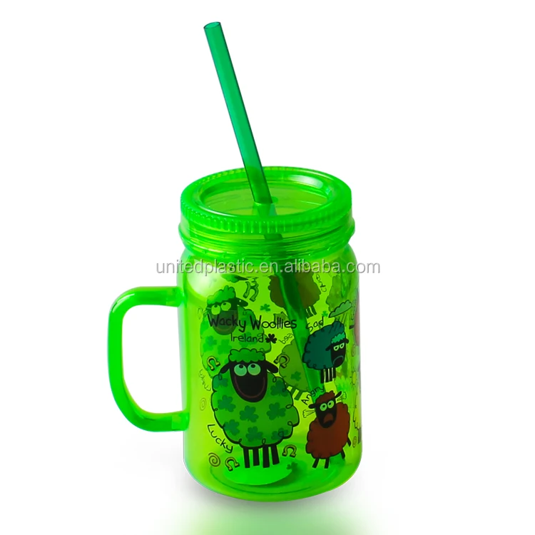 500 ml custom plastic drinking mason jar with handle and straw