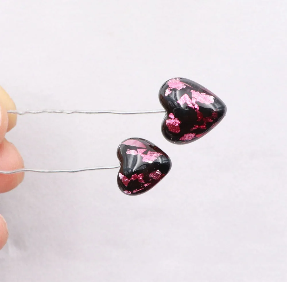 Wholesale Italian Venetian Murano Glass Crushed Foil Half Hole Heart Bulk Lampwork Jewelry Beads for Craft Supplies & Tools