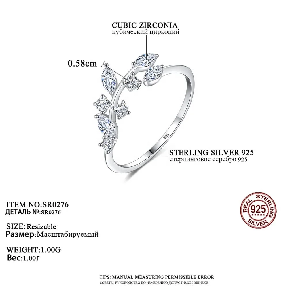 CZCITY Exquisite CZ Stone Silver 925Jewelry Adjustable Open Ring Korean 925 Sterling Silver Handmade Olive Leaf Rings for Women