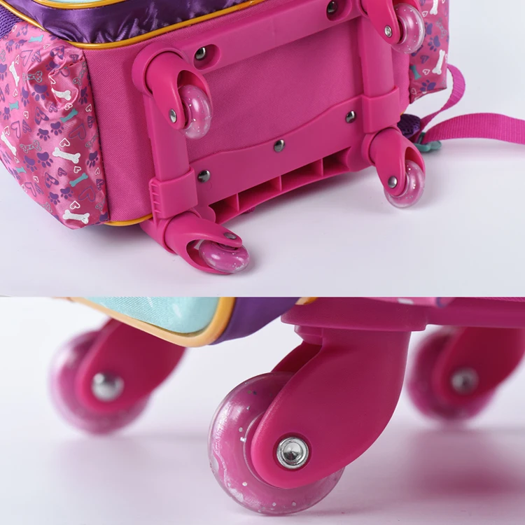 
2018 Latest design cute children backpack trolley bag school, creative bone logo 3D cartoon dog kids wheel school bag for girls 