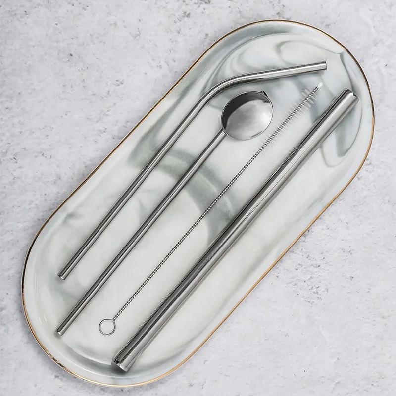 Environment-Friendly reusable metal stainless steel straw spoon set of 4 with cleaning brush for boba tea coffee milk