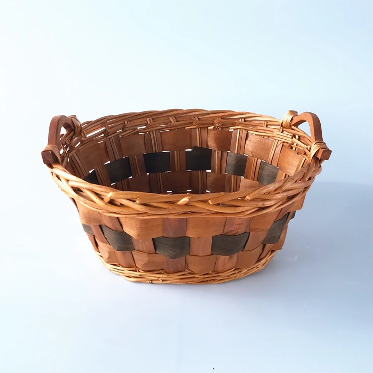 
round willow and wood chip tray with wooden handles honey color tray basket 