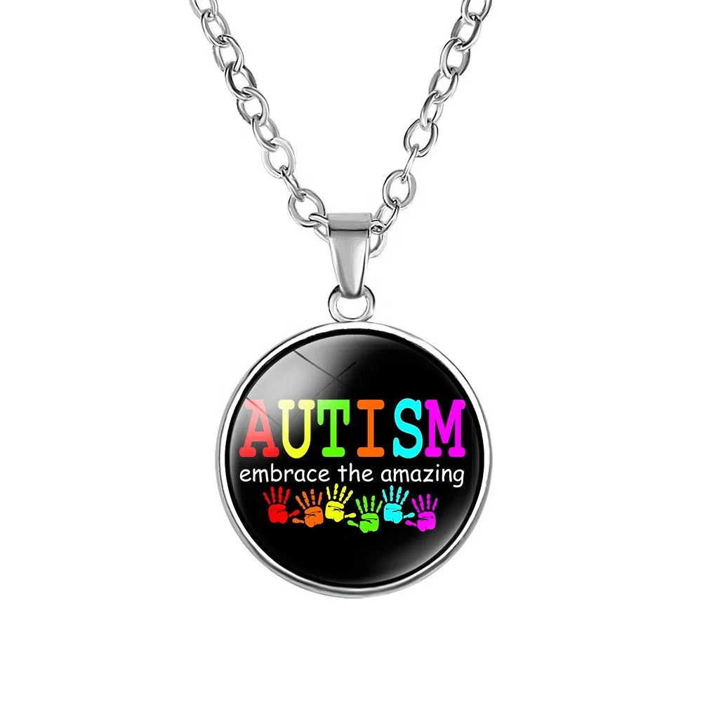 Alloy round shape Autism Red Ribbon Puzzle Pattern Pendant Necklace for autism children birthday gift