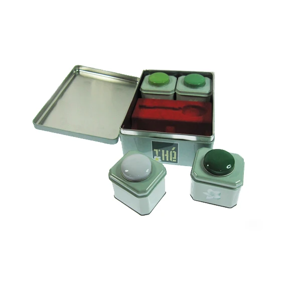 Food grade large Rectangle metal hinged lid tin box with 4pcs small square tin box set for tea