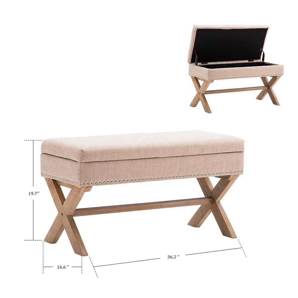 Wholesale Low Price Rubber Wood Legs Linen Fabric Rectangle Storage Ottoman Bench