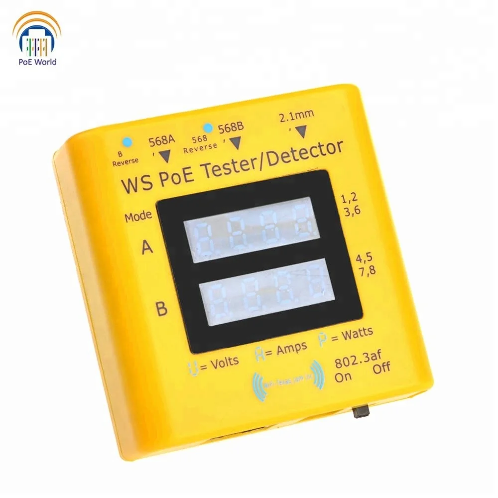 Inline tester for power over ethernet, display from 20v to 56v, actively used power in 802.3af/at passive PoE at 10/10/1000 Data