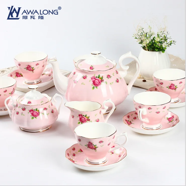 Grace tea sets with pink flower pattern Custom tea set/ Royal Style 15pcs coffee sets