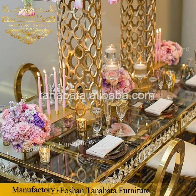 
Luxury rectangle transparent crystal golden frame dining table 