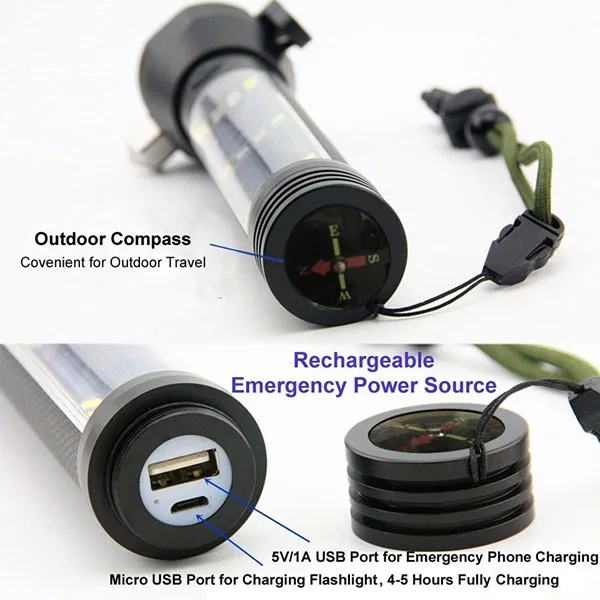 Универсальный перезаряжаемый светодиодный фонарик на солнечной батарее с 7 режимами Автомобильный аварийный выключателем для окна резаком ремня безопасности компасом