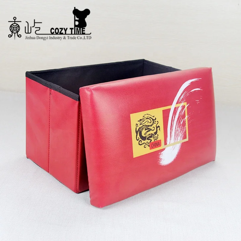 Large Capacity Chinese Style Red Collapsible Leather Pouf And Ottoman