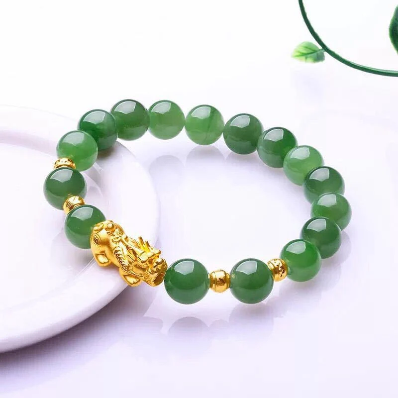 Chinese Styles Unisex Green Colorful Customized Beads Lucky 24k Gold Pixiu Bracelet