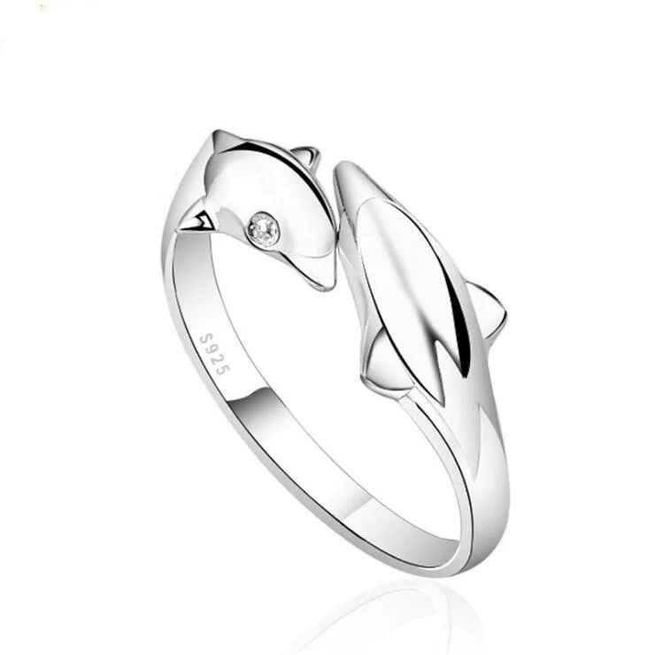 YK S925 Sterling Silver Animal Dolphin Opening Couple Ring Women Style Tail Ring