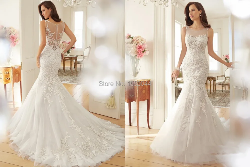 Dream Wedding Dress 2015 Lace Mermaid Wedding Dresses Scoop Sleeveless Button Sweep Train Longo Applique 2016 Bridal Dress Gowns - Dream Wedding Dress