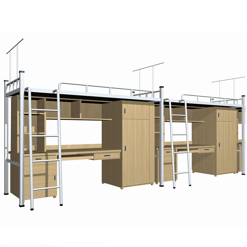 University School Twin Over Metal Frame Dormitory Bunk Bed With Desk And Wardrobe