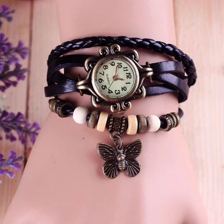 Fashion Ladies Wrist Women Watch Vintage Tribe Brass Dial Shell Leather Cord Quartz Bracelet Watch