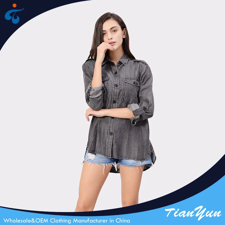 Different kinds of good selling professional casual denim cheap lady blouse