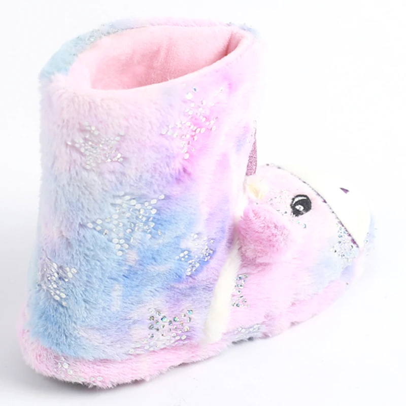 Foil printed beautiful plush fur novelty animal unicorn boot house slippers for kids girls