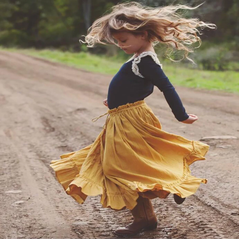 
INS popular vintage children clothing girls long solid color skirt organic lovely casual girls long skirt 