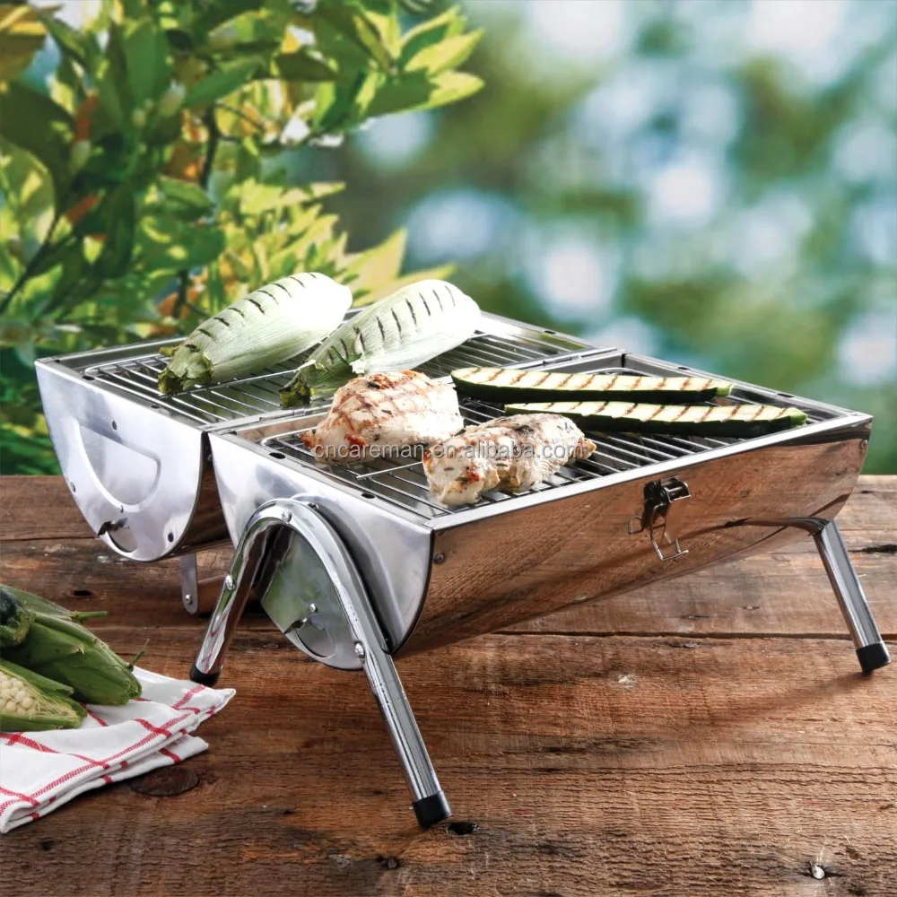 Stainless Steel Barrel Charcoal Barbecue Grill, Double-sided BBQ, Portable Oil Drum Style BBQ Grill w/Double Twin Grate Grill