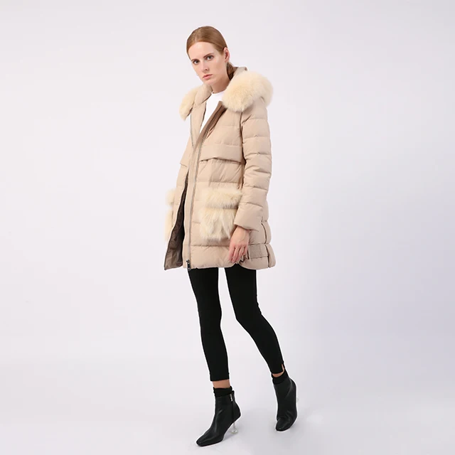 Real Fur Beige Duck Down Jacket Women Fashion Big Fur Pocket Winter Quilted Coat