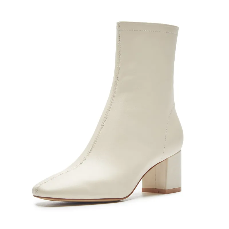 WETKISS OEM Custom Brand Ladies Winter Boots Square Toe White Leather Boots High Heels Ankle Booties Fashion Women Boots Shoes