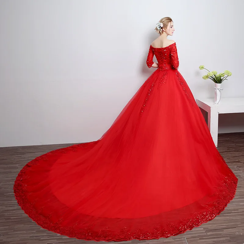 2018 Chinese Red Luxurious Appliques Beading A Line Half Sleeve Wedding Dress Long Train Sweetheart wedding Gowns