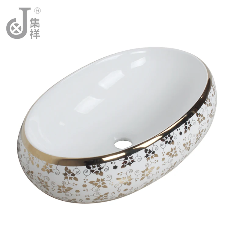 Art Basin Sink Delicate Gold Color White Modern Oval Ceramic Countertop Sinks Oval Shape Electroplated Gold Wash Basin