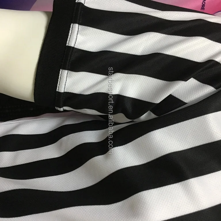 
custom sublimated black white striped referee jersey with elastic arm band 