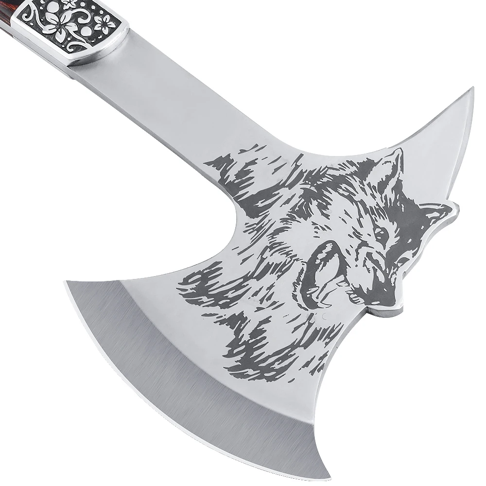 F713 2019 China Hot Selling Wolf Pattern Stainless Steel Material Camping Hatchet Axe For Outdoor Hiking Mountaineering