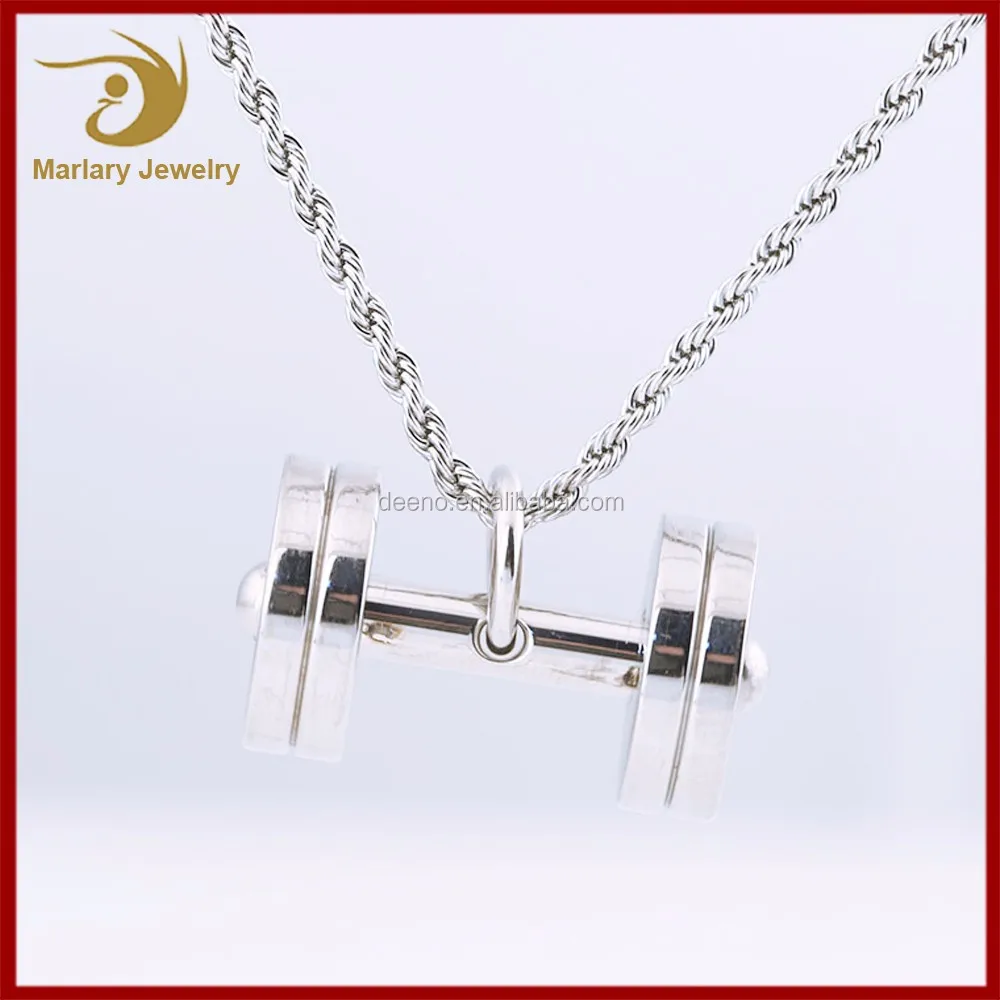 Promo Fitness Jewelry Stainless Steel Ruby Crystal Inlay Dumbbell Pendant Necklace Sport Gym Dumbbell Pendant