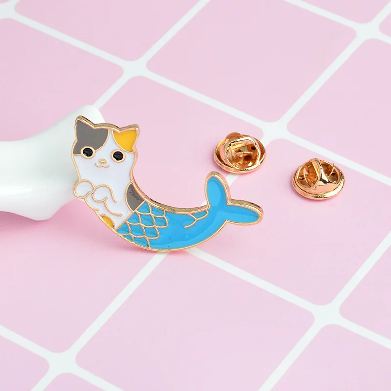 Mermaid Enamel Pin needle Half cat and half fish Cartoon cute animal badge Shirt cowboy hat backpack pins buckle