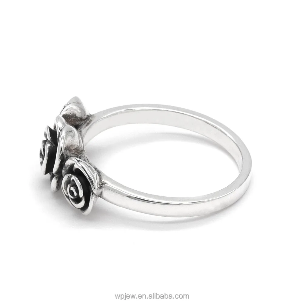 925 Sterling Silver Oxidized Three Black Rose Flower Fashion Wedding Ring Jewelry for Women