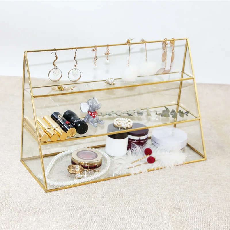 European Gold Glass Trapezoid Metal Jewelry Rack Home Decoration